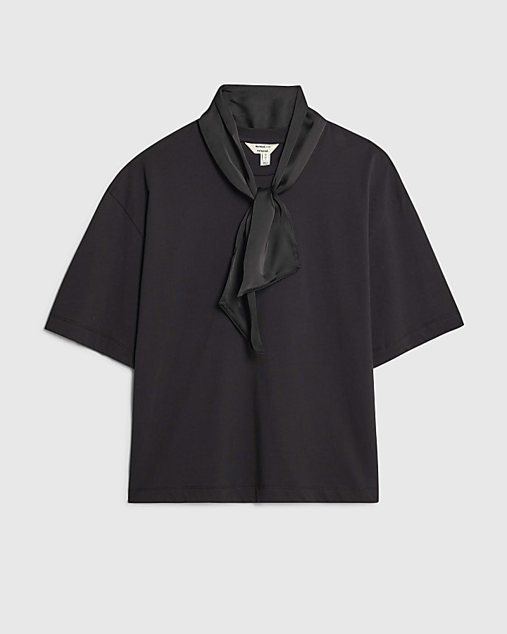 Black Short Sleeve Scarf Detail T-shirt