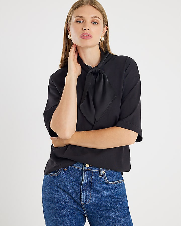 Black Short Sleeve Scarf Detail T-shirt