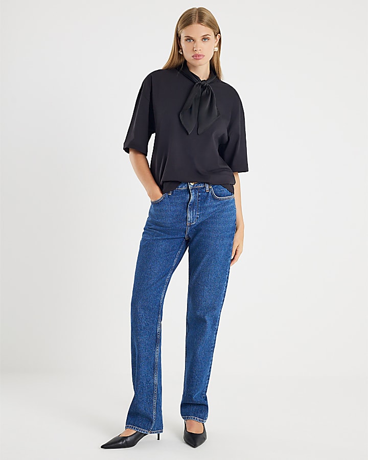 Black Short Sleeve Scarf Detail T-shirt