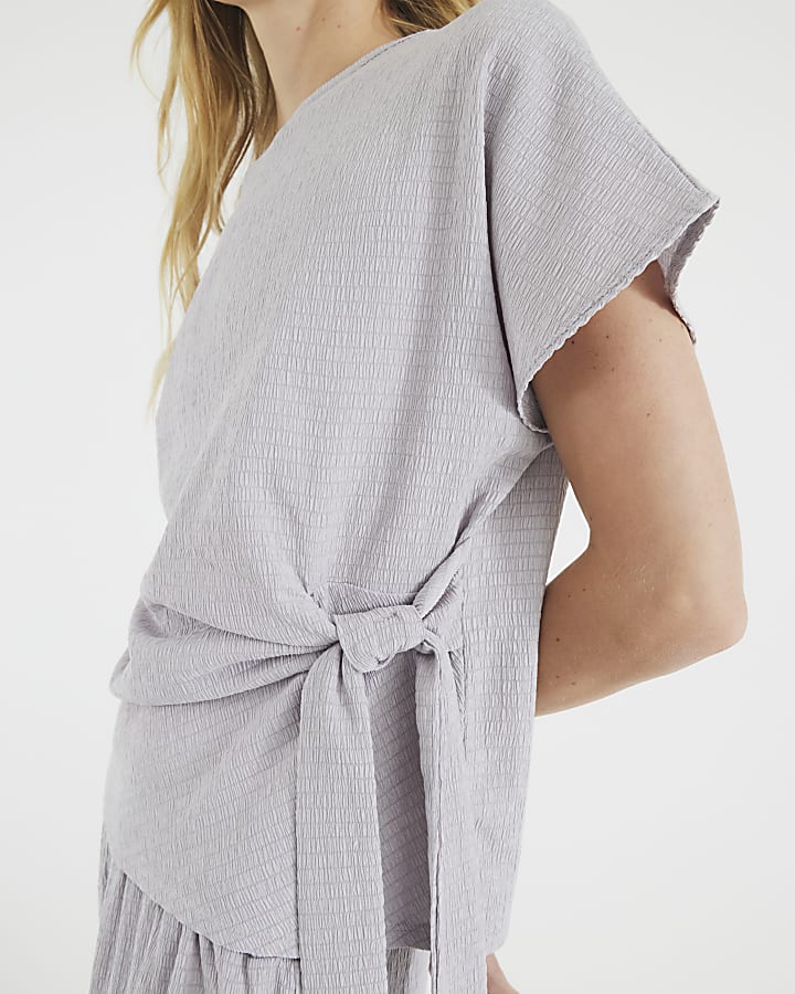 Grey Short Sleeve Textured Tie Waist T-shirt