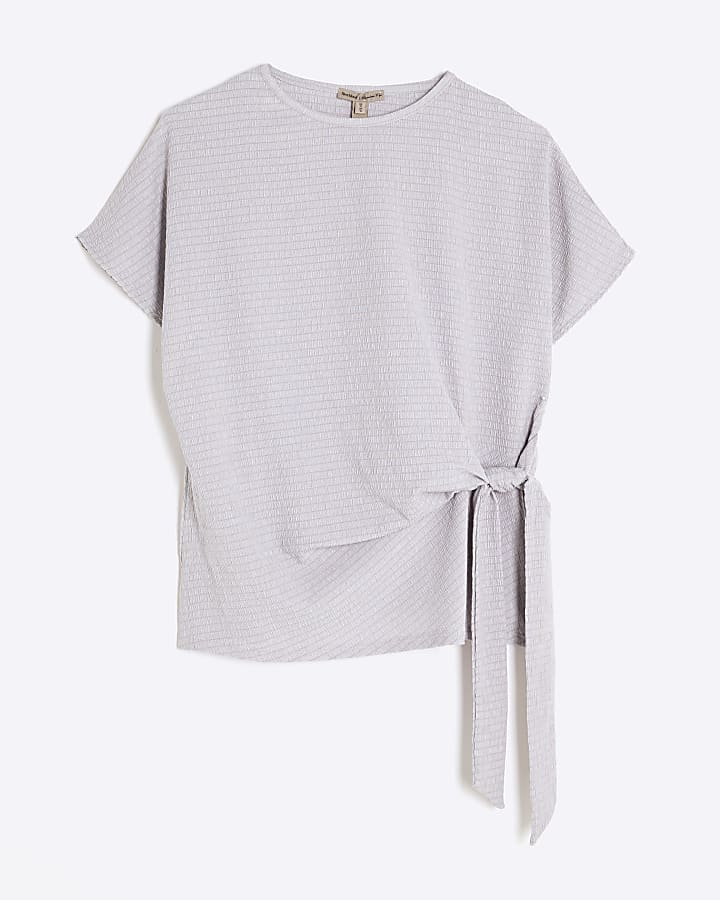 Grey Short Sleeve Textured Tie Waist T-shirt