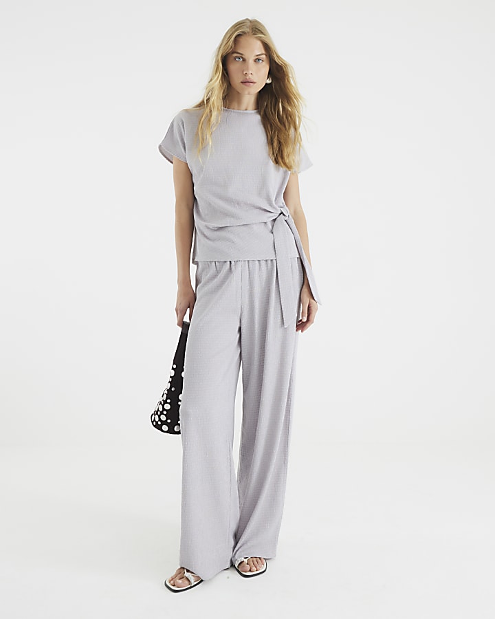 Grey Short Sleeve Textured Tie Waist T-shirt