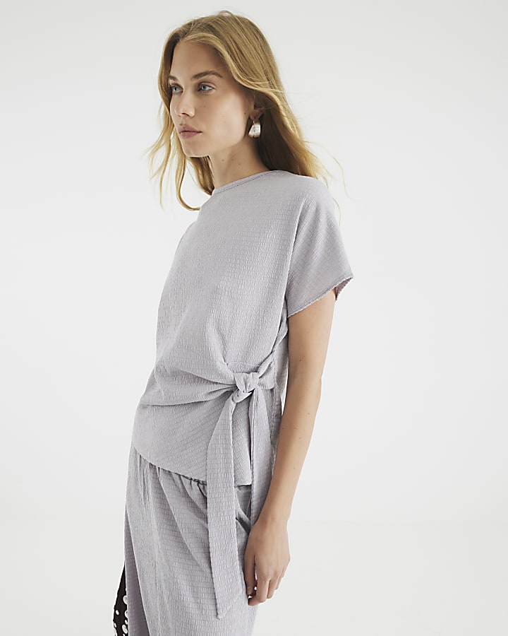 Grey Short Sleeve Textured Tie Waist T-shirt