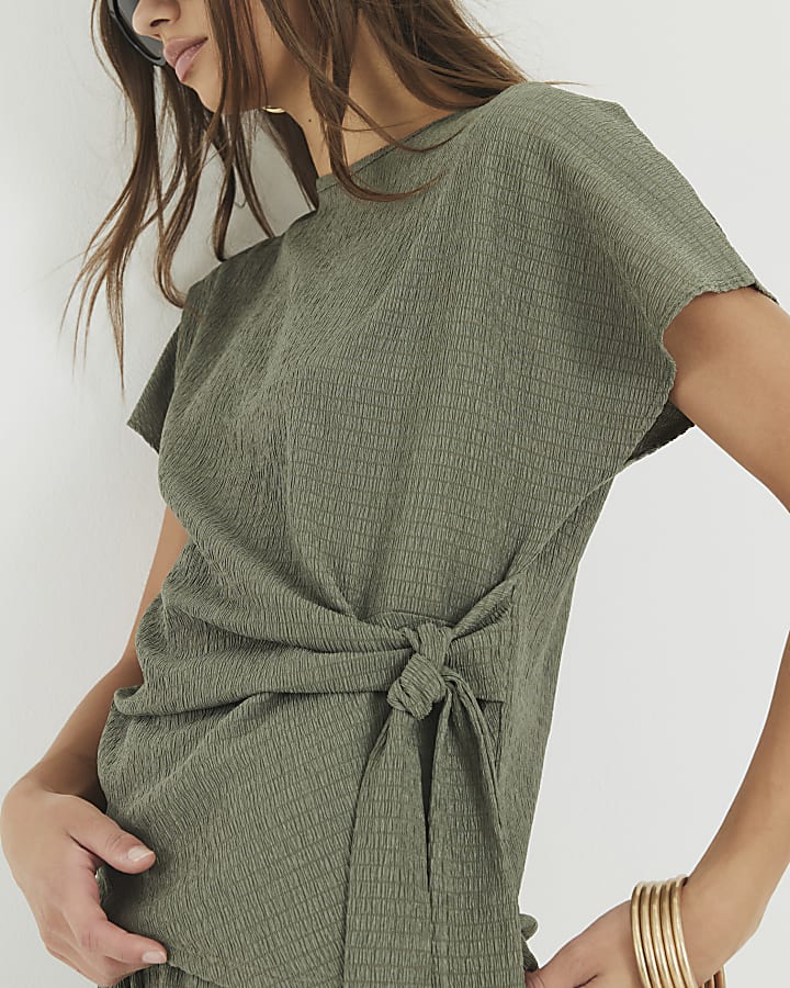 Khaki Textured Tie Detail T-shirt