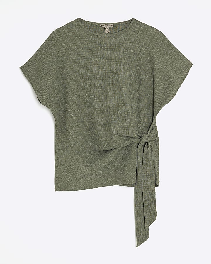 Khaki Textured Tie Detail T-shirt
