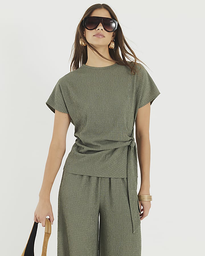 Khaki Textured Tie Detail T-shirt