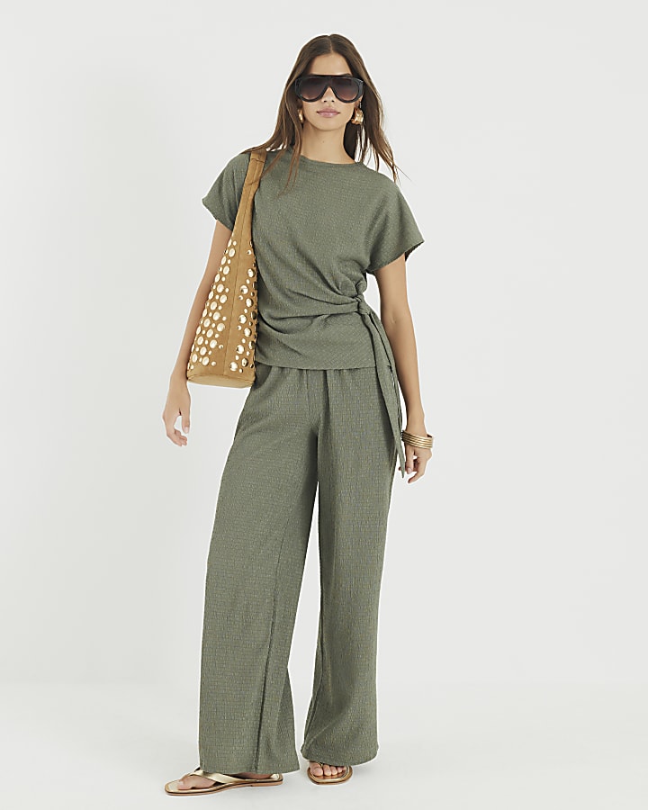 Khaki Textured Tie Detail T-shirt