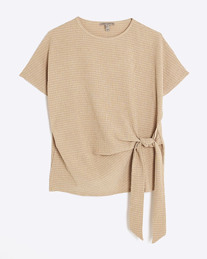 Beige Short Sleeve Textured Tie Waist T-shirt
