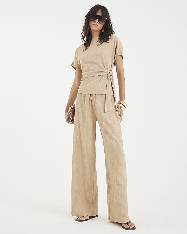 Beige Short Sleeve Textured Tie Waist T-shirt