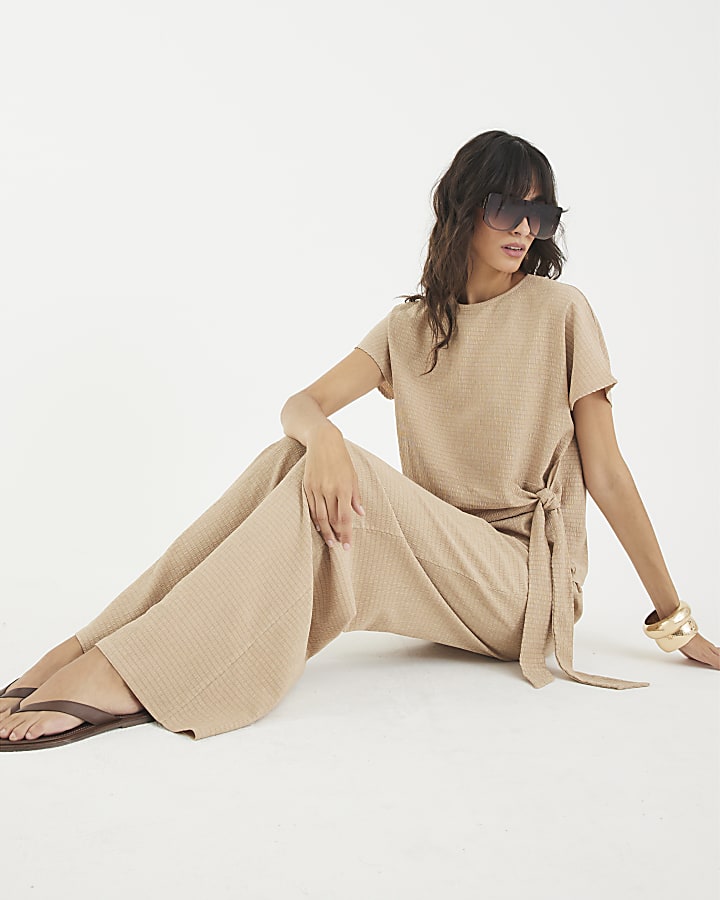 Beige Textured Wide Leg Trousers