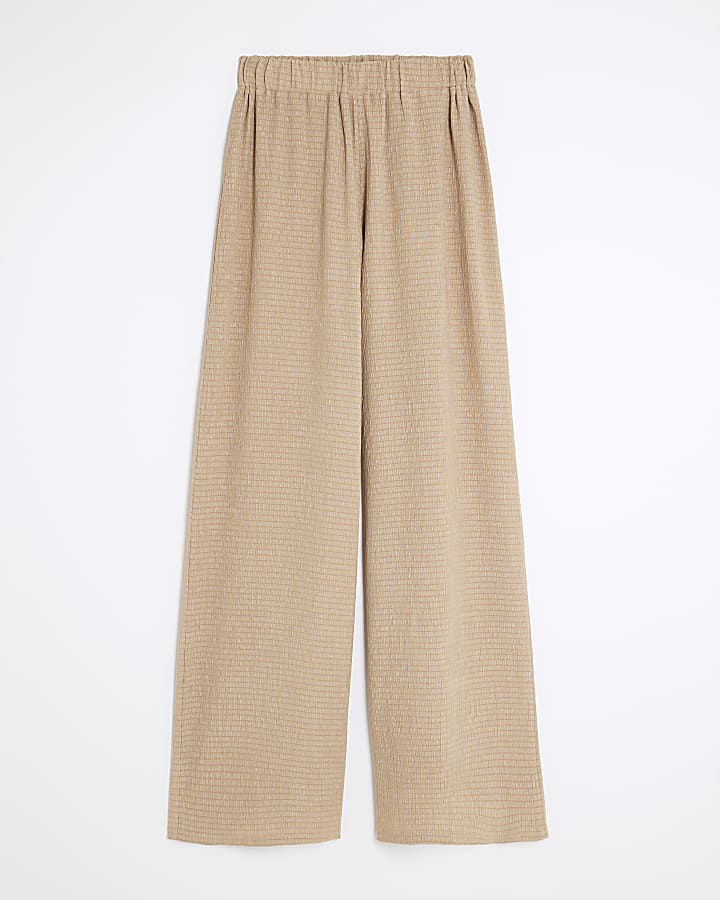 Beige Textured Wide Leg Trousers