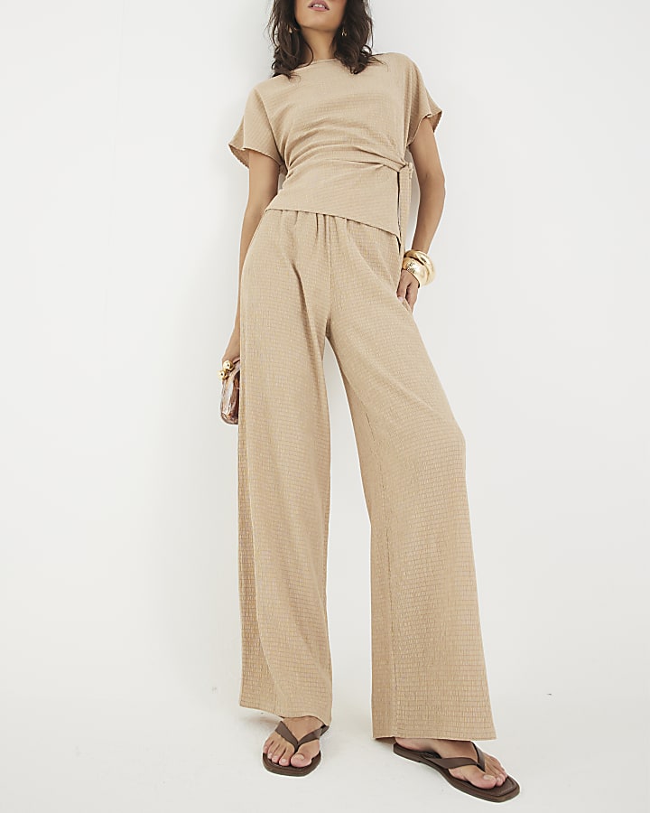 Beige Textured Wide Leg Trousers