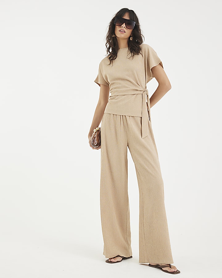 Beige Textured Wide Leg Trousers