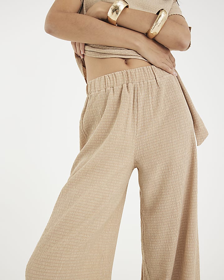 Beige Textured Wide Leg Trousers