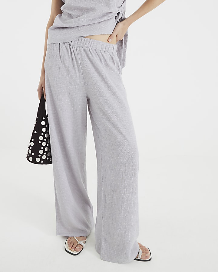 Grey Textured Wide Leg Trousers