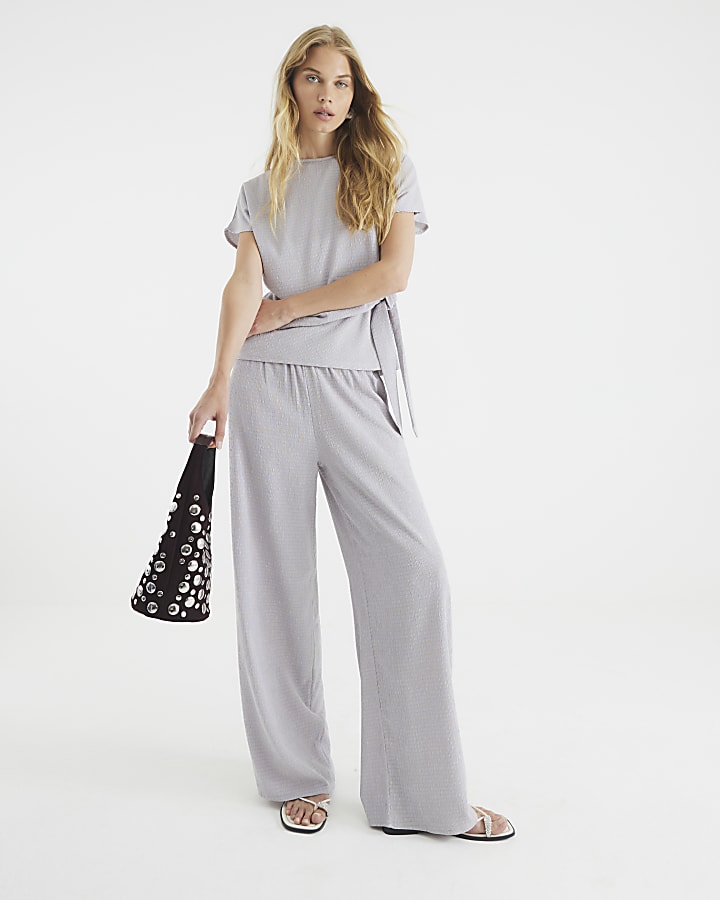 Grey Textured Wide Leg Trousers