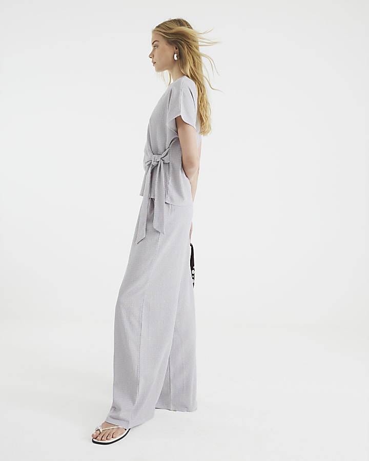 Grey Textured Wide Leg Trousers