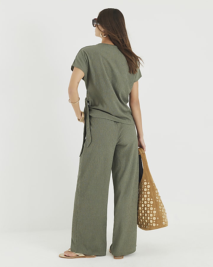 Khaki Textured Wide Leg Trousers