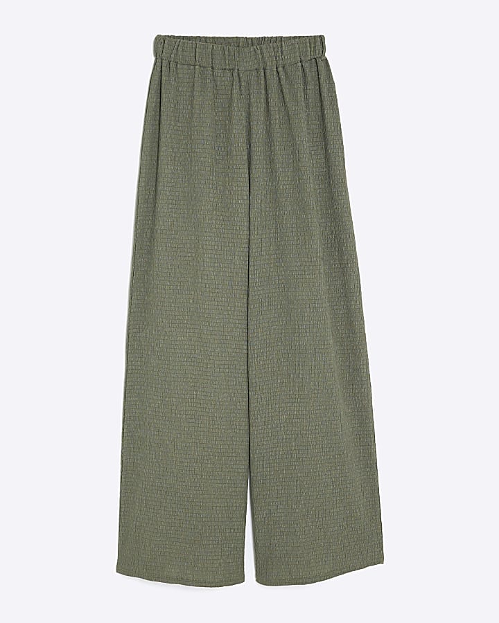 Khaki Textured Wide Leg Trousers