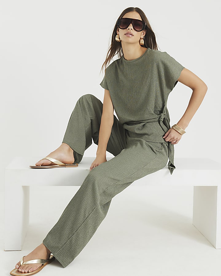 Khaki Textured Wide Leg Trousers