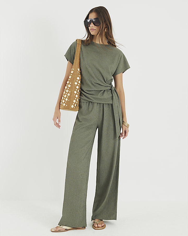 Khaki Textured Wide Leg Trousers