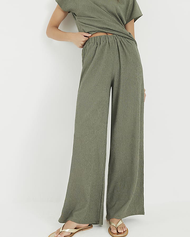 Khaki Textured Wide Leg Trousers