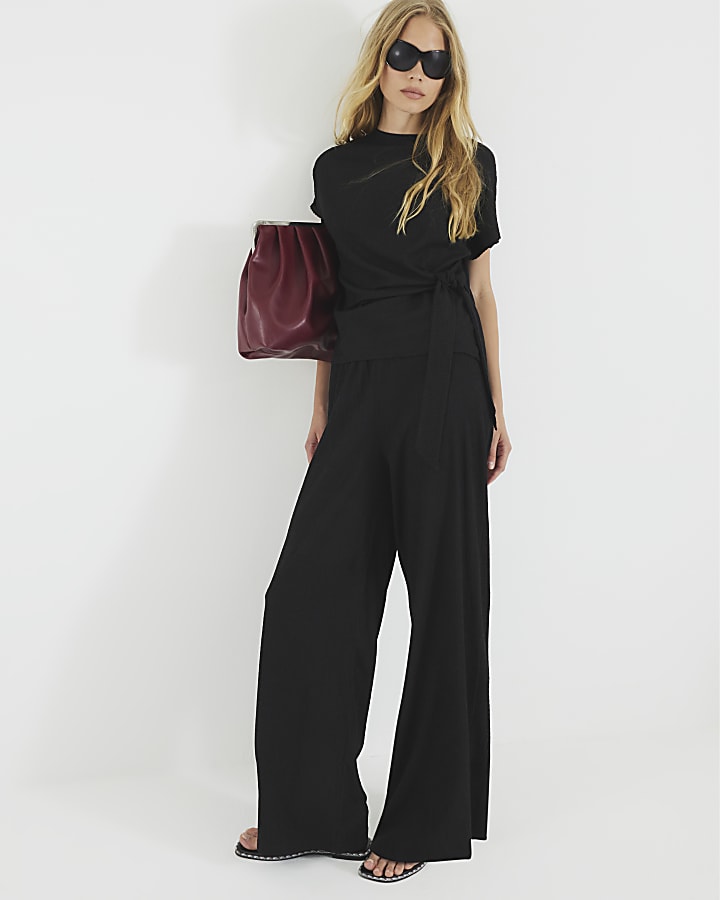 Black Textured Wide Leg Trousers