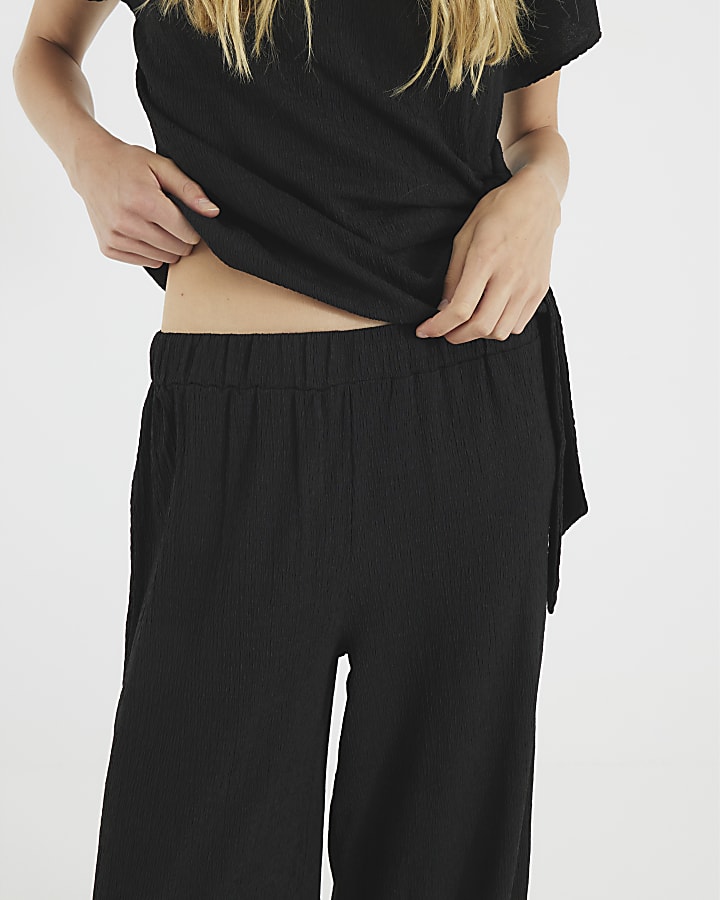 Black Textured Wide Leg Trousers