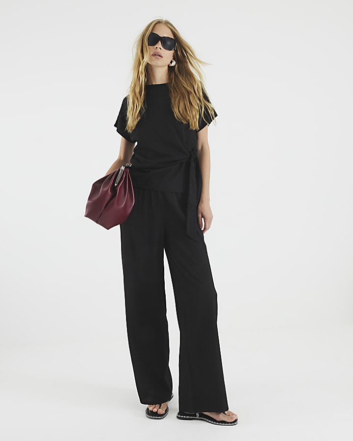 Black Textured Wide Leg Trousers