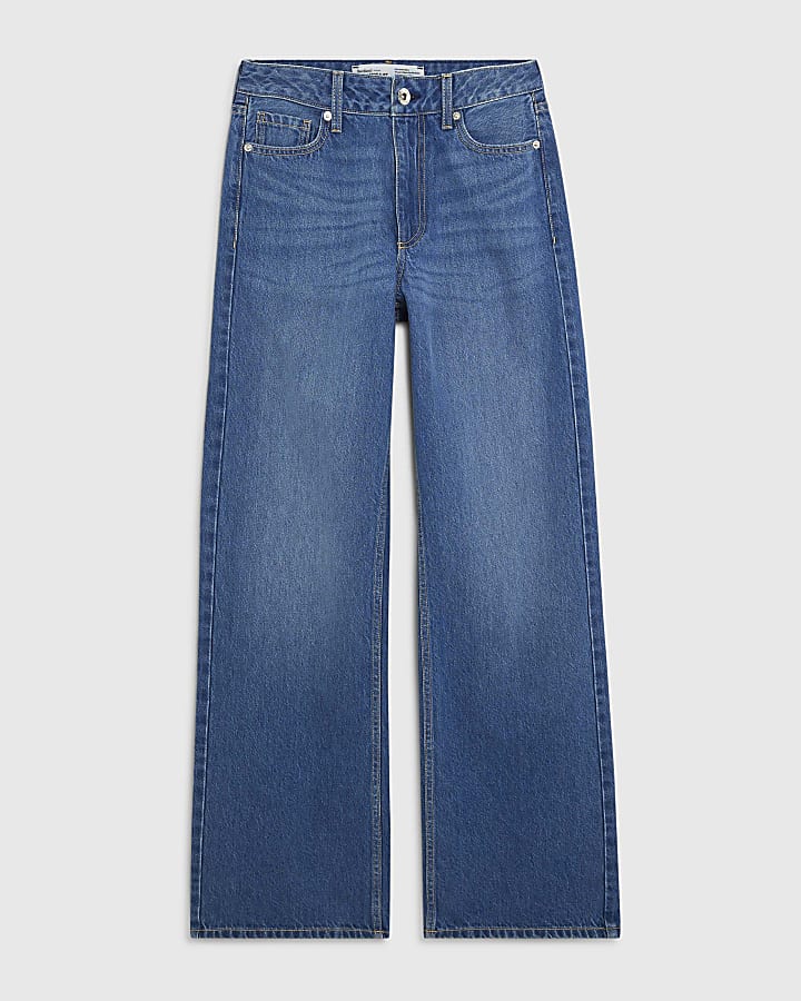Blue High Rise Relaxed Straight Leg Jeans