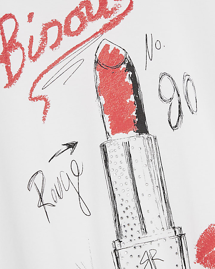 White Short Sleeve Lipstick Diamante T-shirt