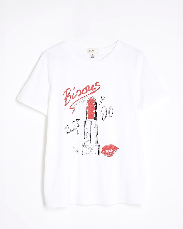 White Short Sleeve Lipstick Diamante T-shirt