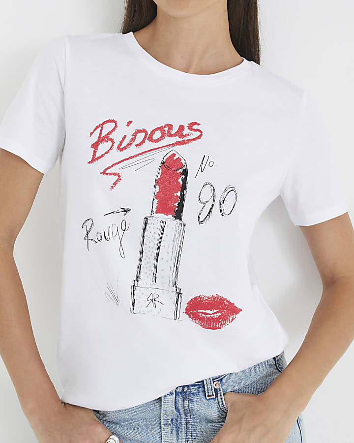 White Short Sleeve Lipstick Diamante T-shirt