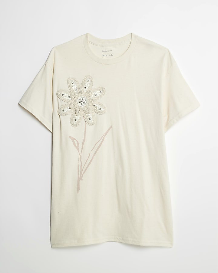 White Short Sleeve Crochet Flower T-shirt