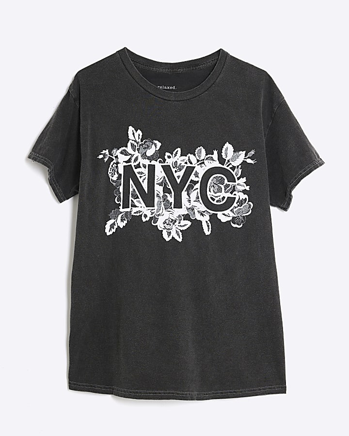 Grey Short Sleeve NYC Lace Print T-shirt