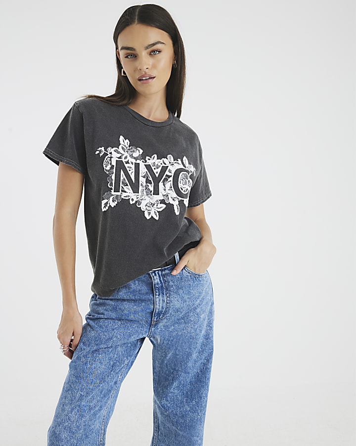 Grey Short Sleeve NYC Lace Print T-shirt