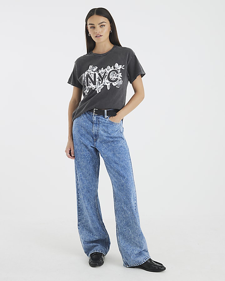Grey Short Sleeve NYC Lace Print T-shirt