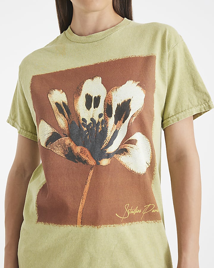 Green Short Sleeve Floral Print T-shirt