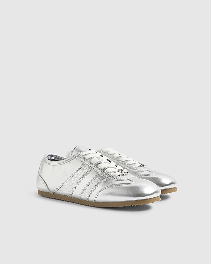 Silver Lace Up Slim Sole Trainers