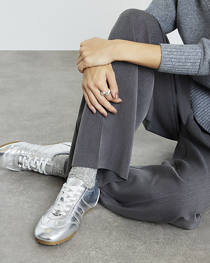 Silver Lace Up Slim Sole Trainers