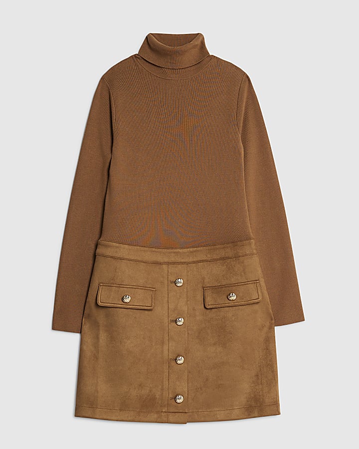 Brown Roll Neck Hybrid Faux Suede Mini Dress