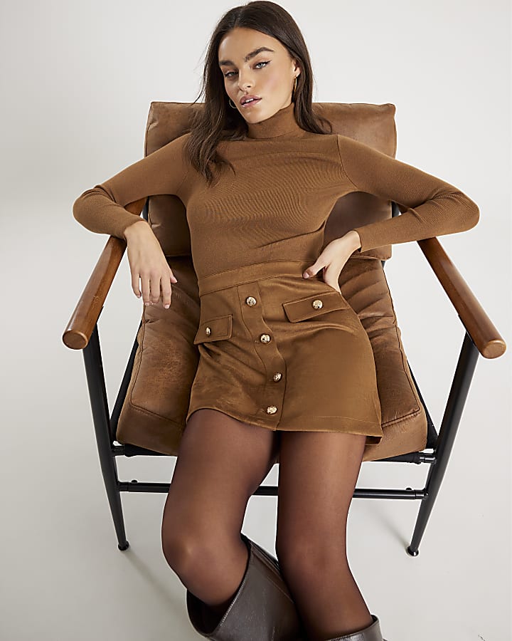 Brown Roll Neck Hybrid Faux Suede Mini Dress