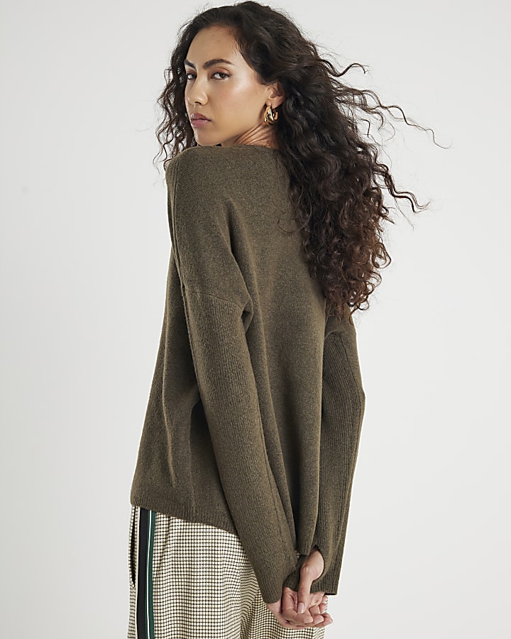 Green Knitted Curved Hem Jumper