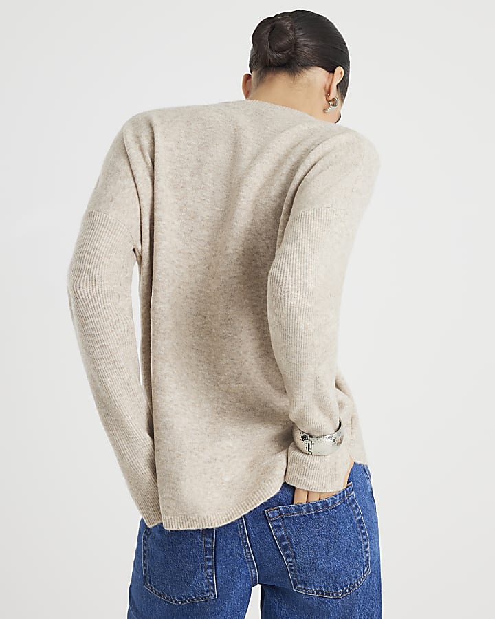 Beige Curved Hem Jumper