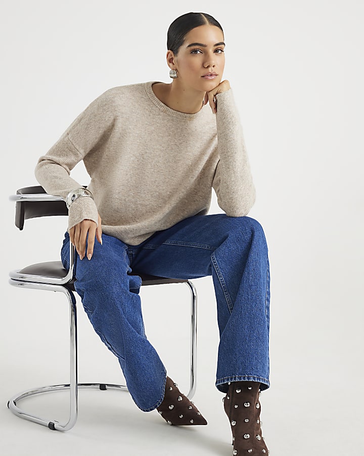 Beige Curved Hem Jumper