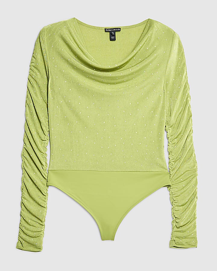 Green Ruched Sleeve Diamante Bodysuit