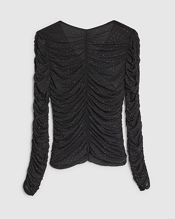 Black Long Sleeve Ruched Diamante Top