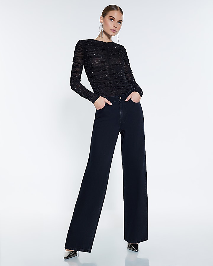 Black Long Sleeve Ruched Diamante Top