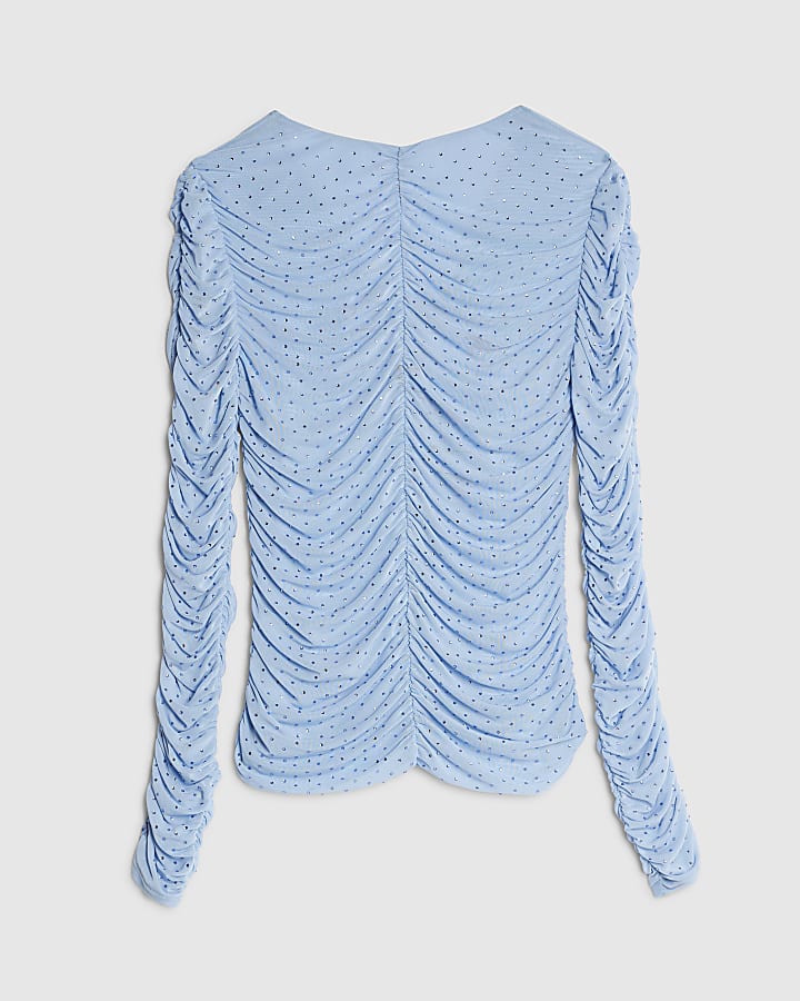 Blue Long Sleeve Ruched Hotfix Top