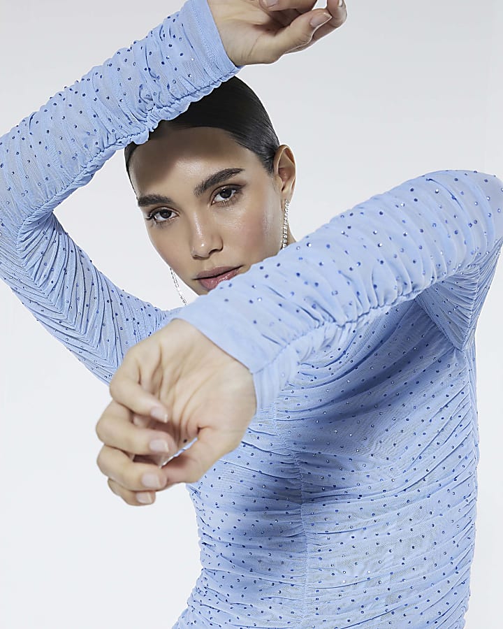 Blue Long Sleeve Ruched Hotfix Top